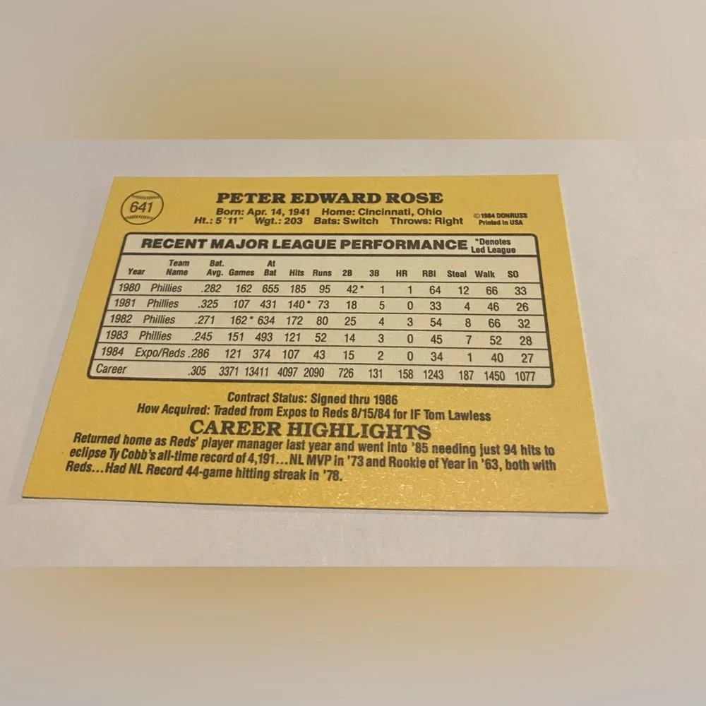 Pete Rose 1985 Donruss Baseball Card # 641 Cincinnati Reds Vintage Collectible